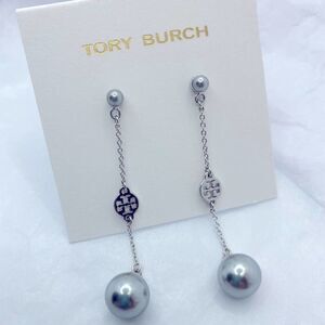 New Tory Burch Silver Logo Dangle Pearl Earrings